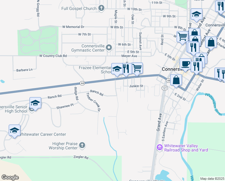 map of restaurants, bars, coffee shops, grocery stores, and more near 123 Canyon Parkway in Connersville