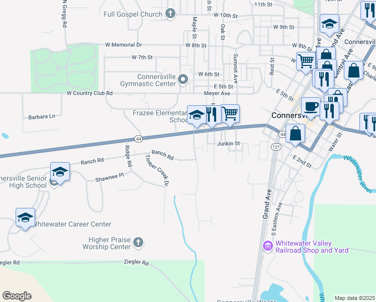 map of restaurants, bars, coffee shops, grocery stores, and more near 123 Canyon Parkway in Connersville