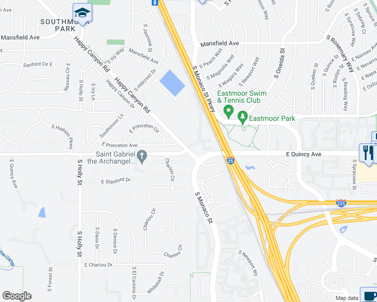 map of restaurants, bars, coffee shops, grocery stores, and more near 6495 East Happy Canyon Road in Denver