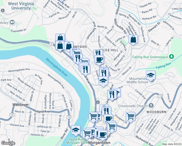 map of restaurants, bars, coffee shops, grocery stores, and more near 217 McLane Avenue in Morgantown