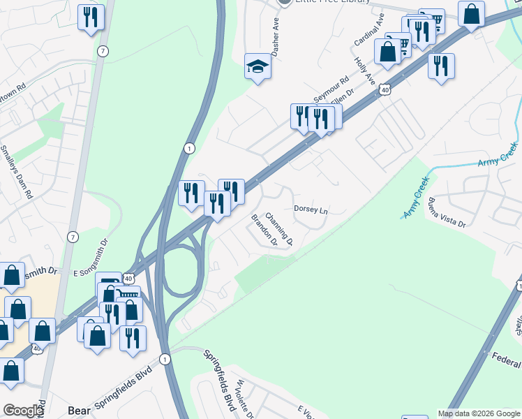 map of restaurants, bars, coffee shops, grocery stores, and more near 2 Douglas Drive in Bear