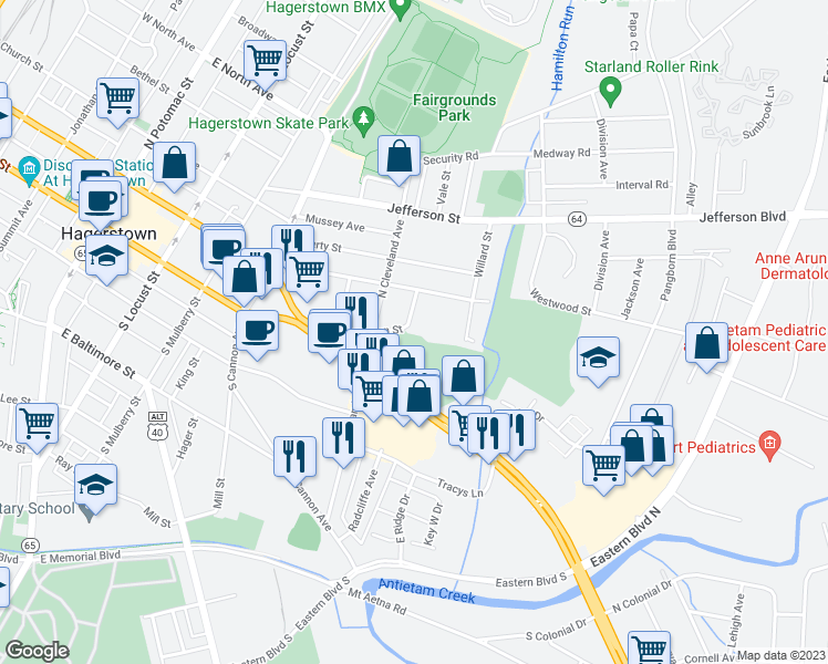 map of restaurants, bars, coffee shops, grocery stores, and more near 10 Richmond Street in Hagerstown