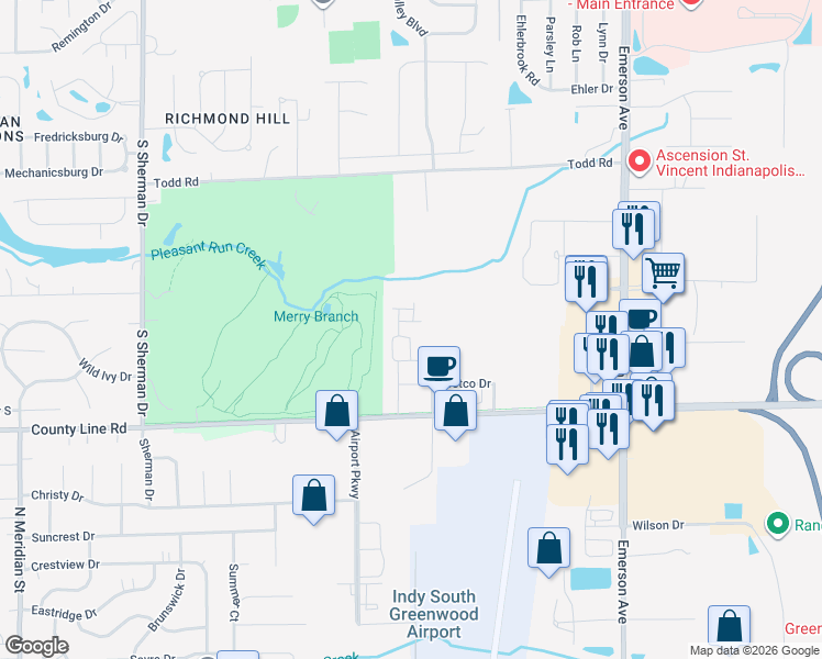 map of restaurants, bars, coffee shops, grocery stores, and more near 4529 Frontier Drive in Indianapolis