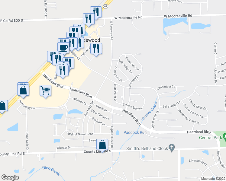 map of restaurants, bars, coffee shops, grocery stores, and more near 8538 Bluff Point Drive in Indianapolis