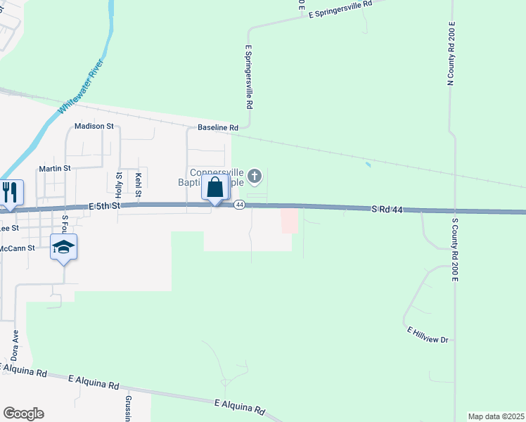 map of restaurants, bars, coffee shops, grocery stores, and more near 1465 Indiana 44 in Connersville