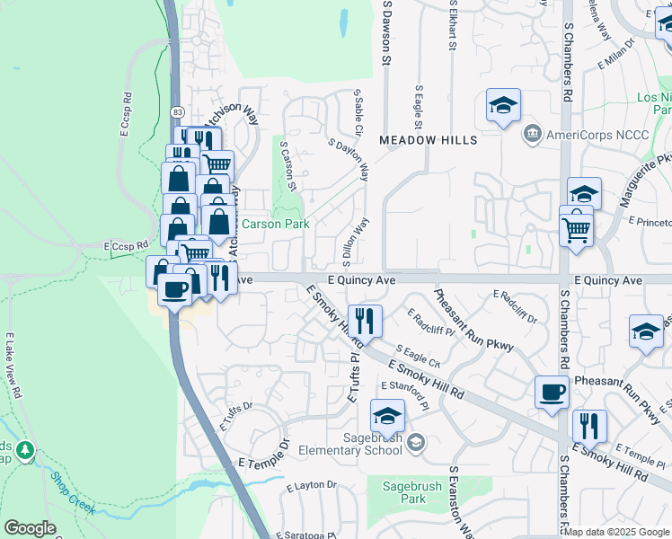 map of restaurants, bars, coffee shops, grocery stores, and more near 4295 South Cimarron Way in Aurora