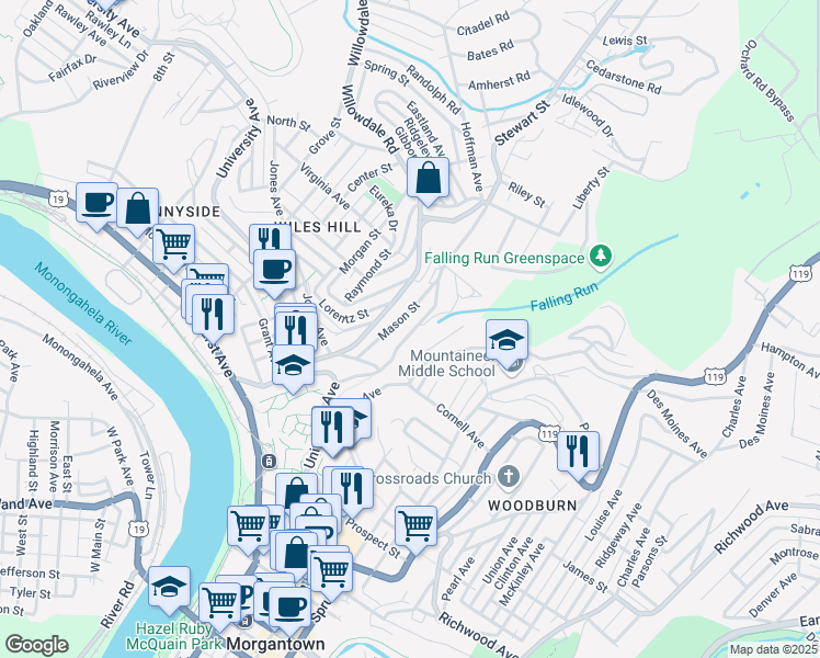 map of restaurants, bars, coffee shops, grocery stores, and more near 385 Falling Run Road in Morgantown