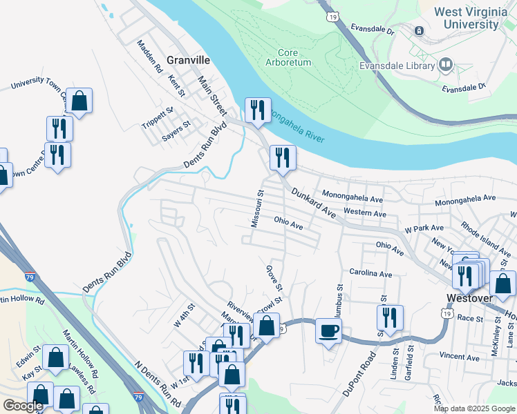 map of restaurants, bars, coffee shops, grocery stores, and more near Missouri St in Westover