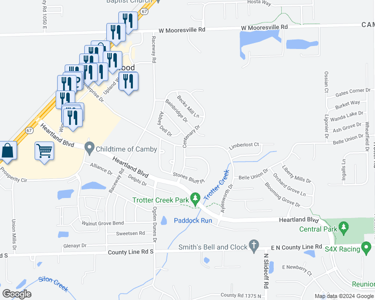 map of restaurants, bars, coffee shops, grocery stores, and more near 9139 Bakers Corner Drive in Indianapolis