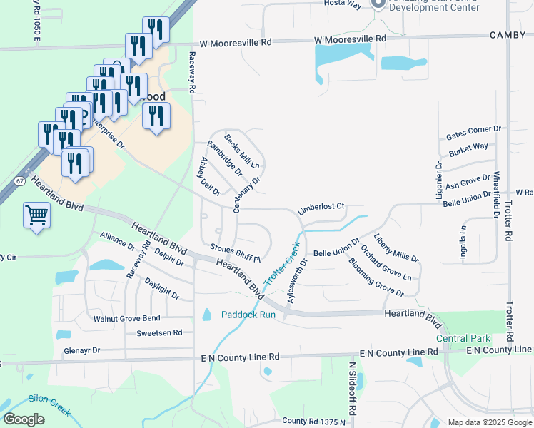 map of restaurants, bars, coffee shops, grocery stores, and more near 9043 Bakers Corner Drive in Indianapolis