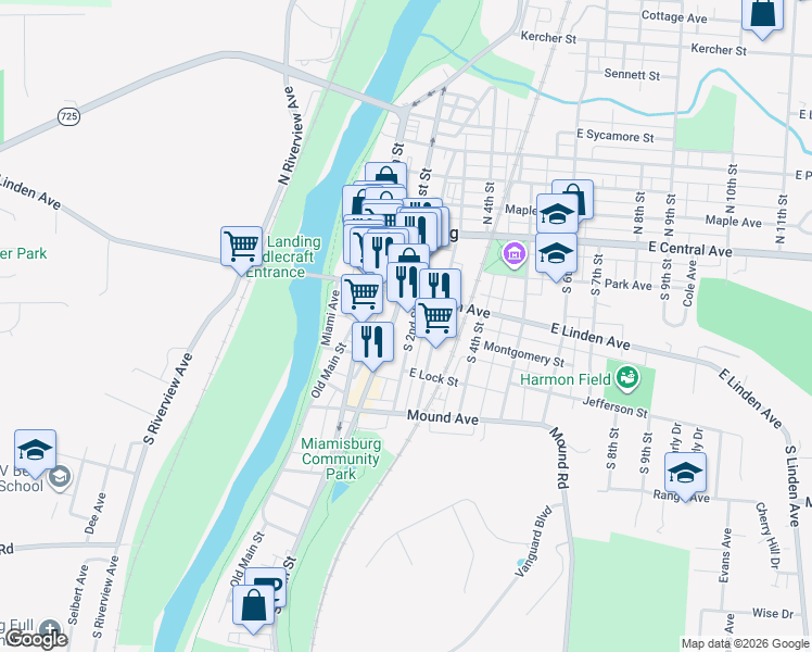 map of restaurants, bars, coffee shops, grocery stores, and more near 227 South 2nd Street in Miamisburg
