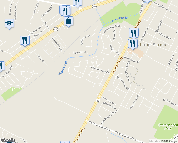 map of restaurants, bars, coffee shops, grocery stores, and more near 87 Liborio Lane in New Castle