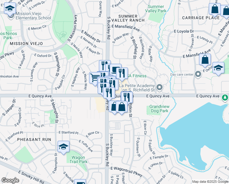 map of restaurants, bars, coffee shops, grocery stores, and more near 16991 E Quincy Ave in Aurora