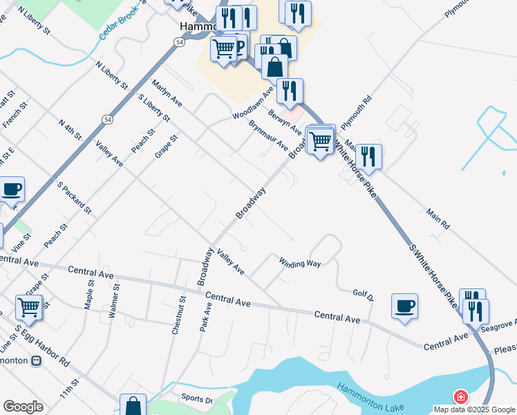 map of restaurants, bars, coffee shops, grocery stores, and more near 132 Broadway in Hammonton
