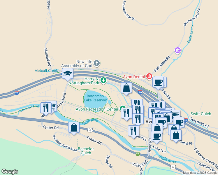 map of restaurants, bars, coffee shops, grocery stores, and more near 420 West Beaver Creek Boulevard in Avon