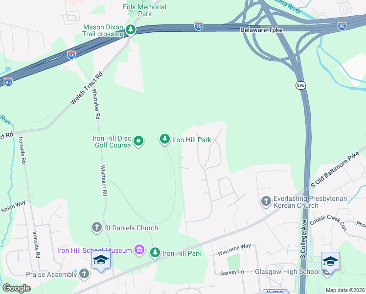 map of restaurants, bars, coffee shops, grocery stores, and more near 1535 Iron Hill Road in Newark