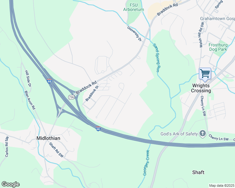 map of restaurants, bars, coffee shops, grocery stores, and more near 86 Teaberry Lane in Frostburg