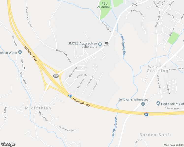 map of restaurants, bars, coffee shops, grocery stores, and more near 86 Teaberry Lane in Frostburg