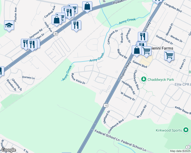 map of restaurants, bars, coffee shops, grocery stores, and more near 87 Liborio Lane in New Castle