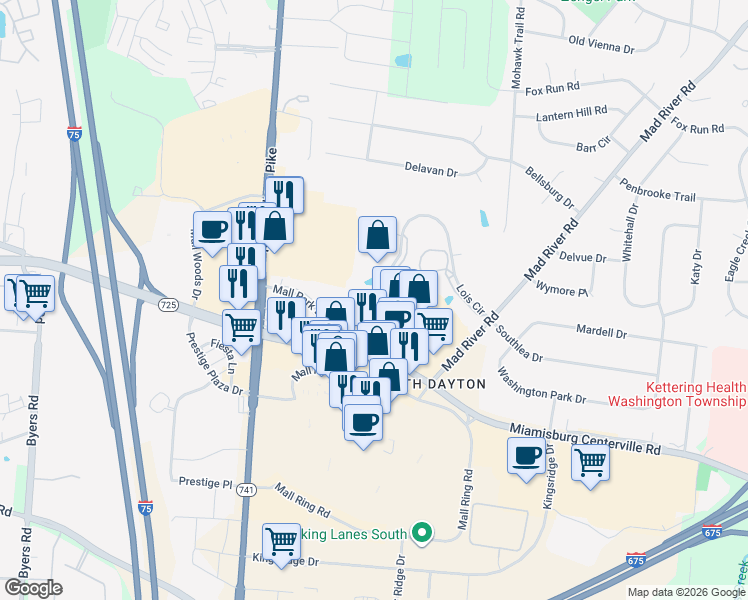 map of restaurants, bars, coffee shops, grocery stores, and more near 7851 Lois Circle in Dayton