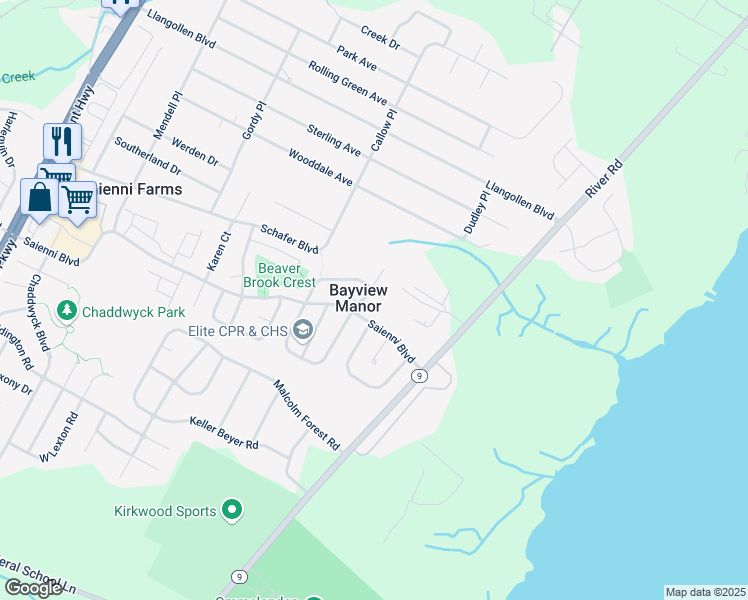 map of restaurants, bars, coffee shops, grocery stores, and more near 5 Mallory Court in New Castle