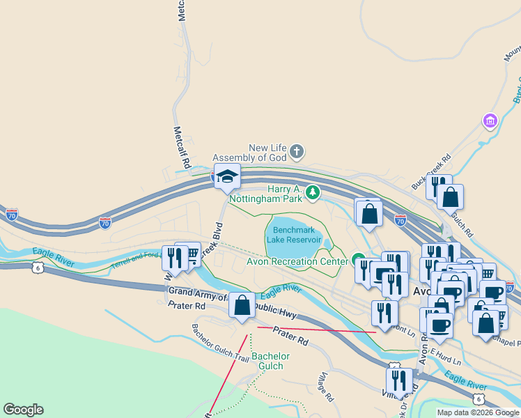 map of restaurants, bars, coffee shops, grocery stores, and more near 760 West Beaver Creek Boulevard in Avon