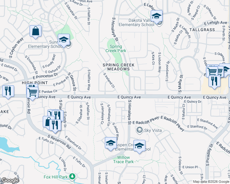 map of restaurants, bars, coffee shops, grocery stores, and more near 4271 South Ireland Court in Aurora