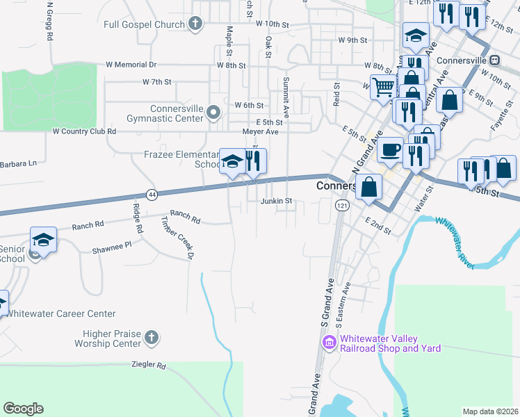 map of restaurants, bars, coffee shops, grocery stores, and more near 116 Huston Street in Connersville