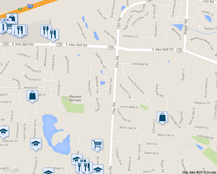 map of restaurants, bars, coffee shops, grocery stores, and more near 975 Elk Hollow Lane in Dayton