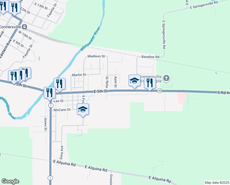 map of restaurants, bars, coffee shops, grocery stores, and more near 1135 East 5th Street in Connersville
