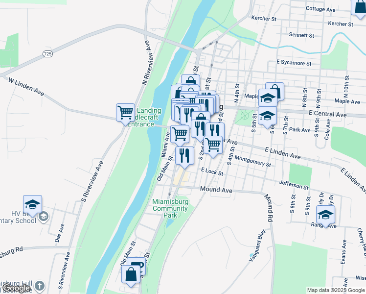 map of restaurants, bars, coffee shops, grocery stores, and more near 140 South Main Street in Miamisburg