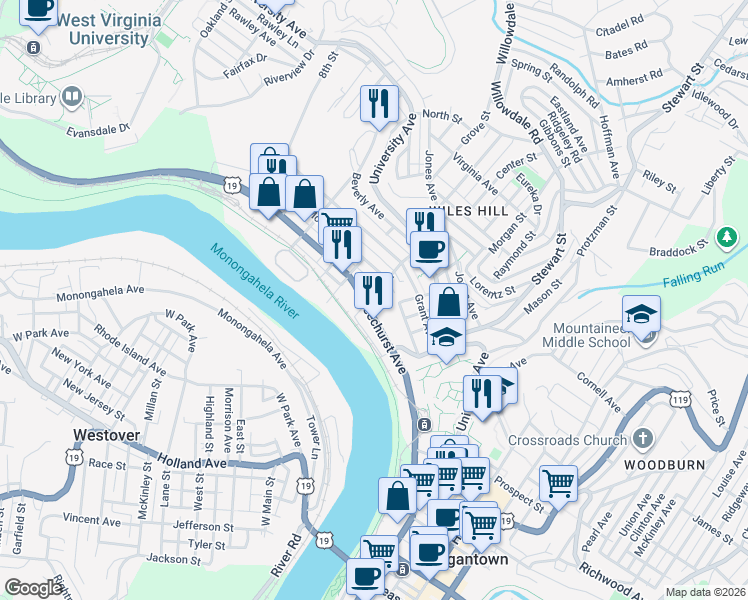 map of restaurants, bars, coffee shops, grocery stores, and more near 96 3rd Street in Morgantown