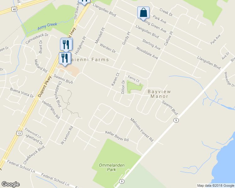 map of restaurants, bars, coffee shops, grocery stores, and more near 1 Quindome Drive in New Castle