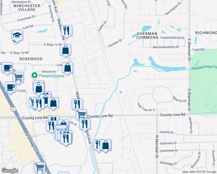 map of restaurants, bars, coffee shops, grocery stores, and more near 2926 Country Estates Dr in Indianapolis