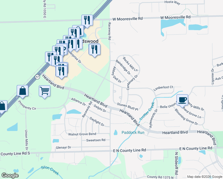 map of restaurants, bars, coffee shops, grocery stores, and more near 8532 Bluff Point Drive in Indianapolis