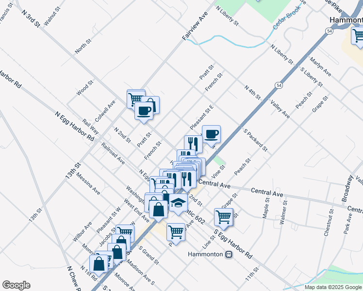 map of restaurants, bars, coffee shops, grocery stores, and more near 133 North 3rd Street in Hammonton