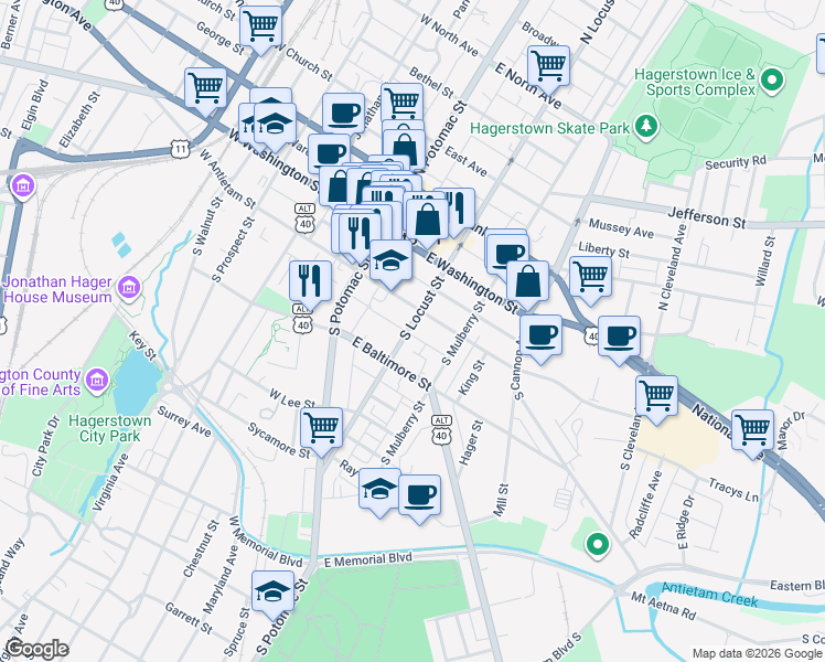map of restaurants, bars, coffee shops, grocery stores, and more near 120 South Locust Street in Hagerstown
