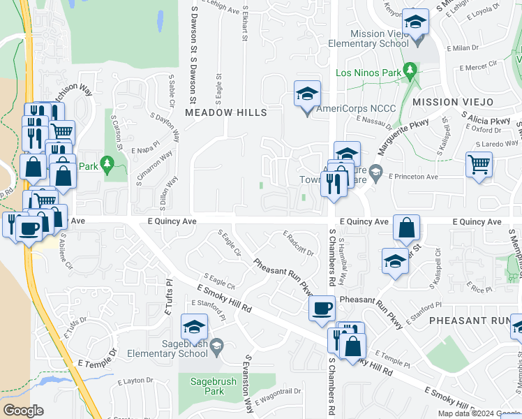 map of restaurants, bars, coffee shops, grocery stores, and more near 4282 South Fairplay Circle in Aurora