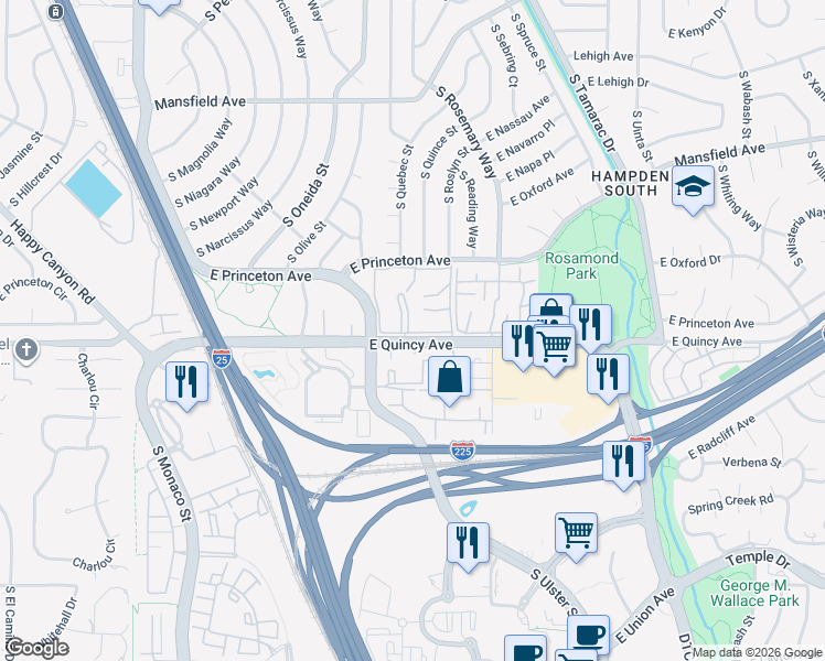 map of restaurants, bars, coffee shops, grocery stores, and more near 7455 East Quincy Avenue in Denver