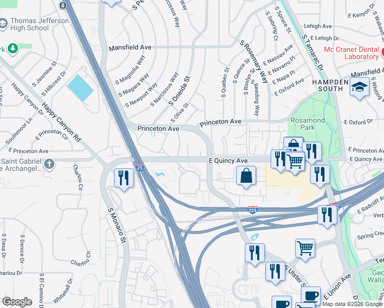 map of restaurants, bars, coffee shops, grocery stores, and more near 7255 East Quincy Avenue in Denver