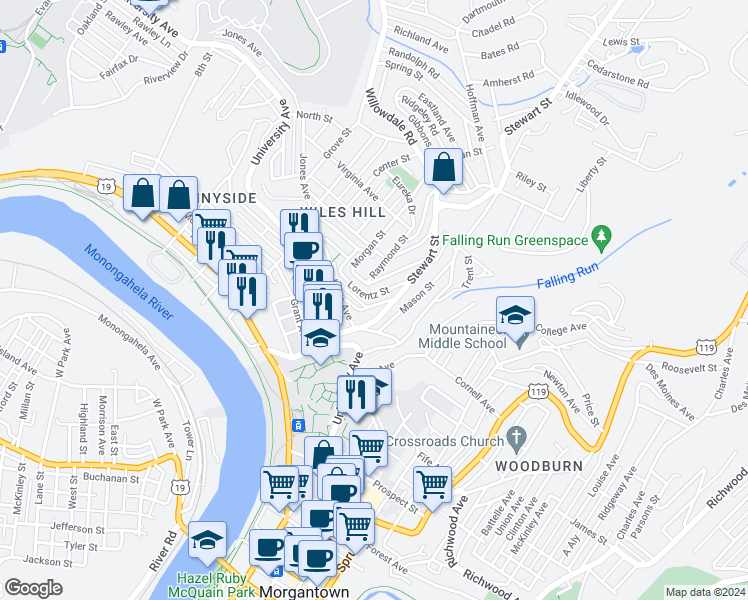 map of restaurants, bars, coffee shops, grocery stores, and more near 125 Lorentz Street in Morgantown