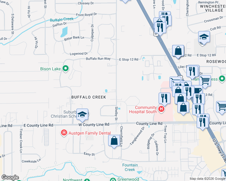 map of restaurants, bars, coffee shops, grocery stores, and more near 8724 Shelby Street in Indianapolis
