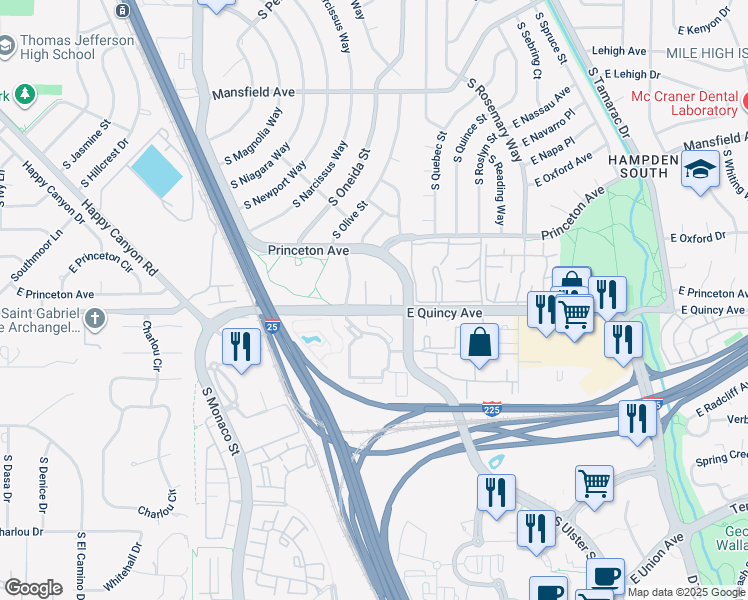 map of restaurants, bars, coffee shops, grocery stores, and more near 7255 East Quincy Avenue in Denver