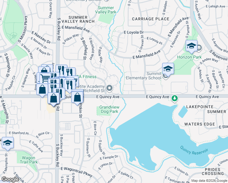 map of restaurants, bars, coffee shops, grocery stores, and more near 4290 South Richfield Street in Aurora