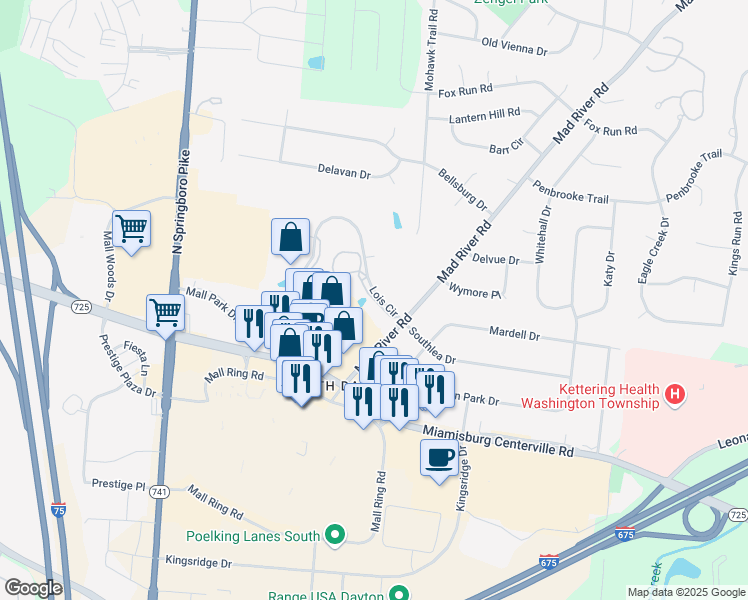 map of restaurants, bars, coffee shops, grocery stores, and more near 7400 Shady Water Lane in Dayton