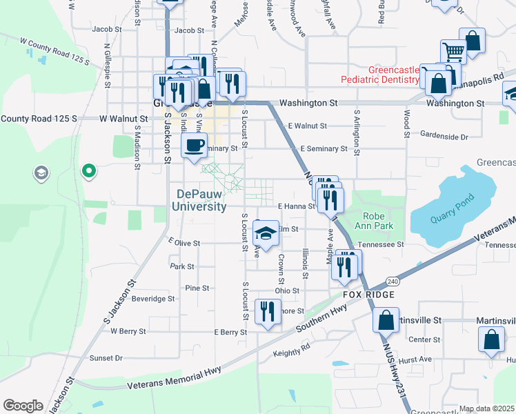 map of restaurants, bars, coffee shops, grocery stores, and more near 300 East Hanna Street in Greencastle