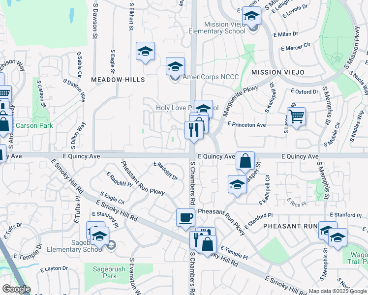 map of restaurants, bars, coffee shops, grocery stores, and more near 4249 South Granby Way in Aurora