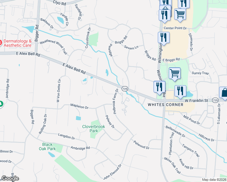 map of restaurants, bars, coffee shops, grocery stores, and more near 2195 Belleville Lane in Centerville