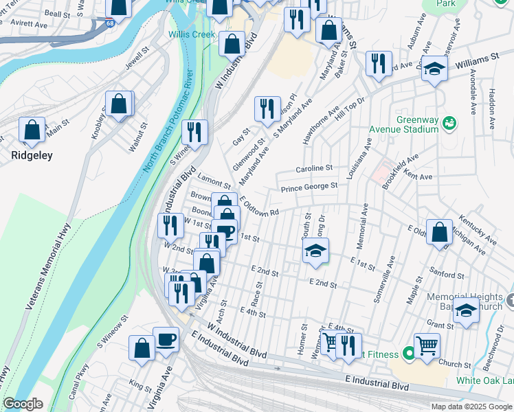 map of restaurants, bars, coffee shops, grocery stores, and more near 104 East Oldtown Road in Cumberland