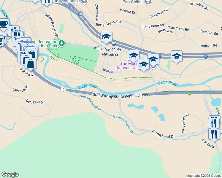 map of restaurants, bars, coffee shops, grocery stores, and more near 40 Miller's Circle in Edwards